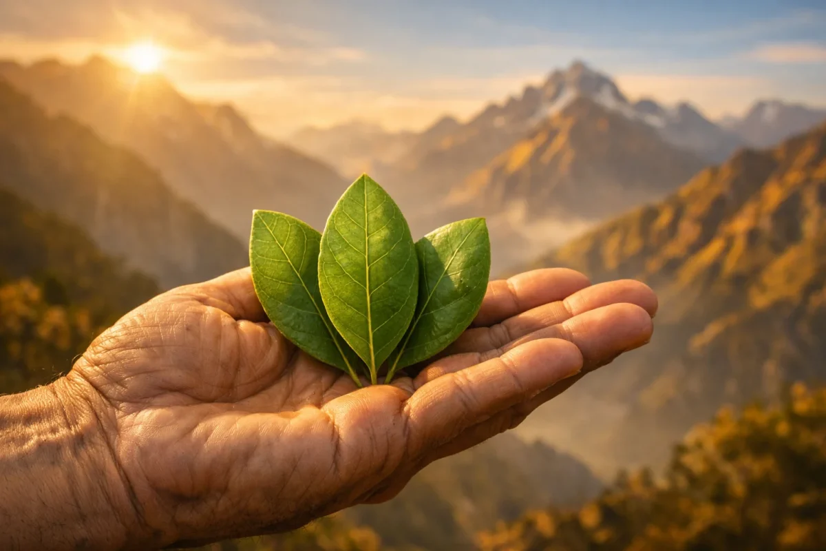 Three coca leaves in open palm - coca leaf WHO review